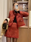 Красный осенний демисезонный комплект, юбка, в стиле Шанель, в западном стиле, увеличенная толщина