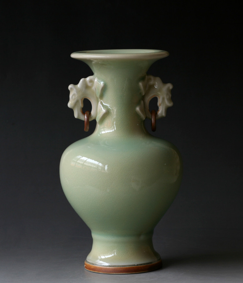 80s Coal Burning Old Jun Porcelain Pomace Green Dragon Ear Live Ring Bottle Jade Net Bottle