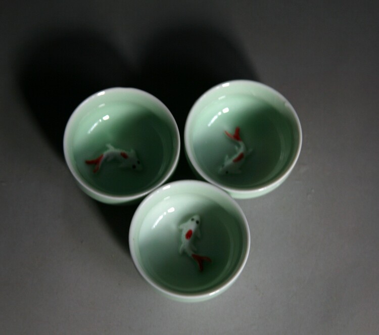 Emerald Plum Green Gold Fish Three Sets Cup Teacup Tea Cups Old Objects
