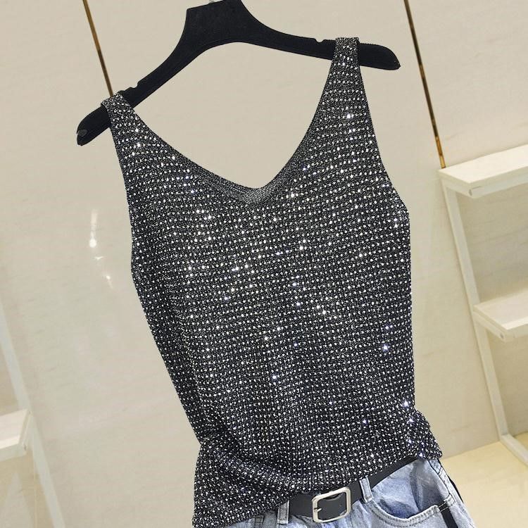 Branded Discount Cut-Label Genuine Heavy-Duty Rhinestone-Embellished Camisole Inner Layer Base Shirt for Women, Outerwear Shiny Silk Tank Top