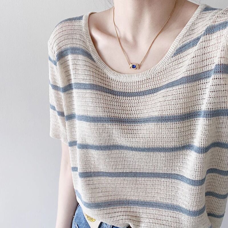 Foreign Trade Export Italian Brand Surplus Stock Original Order Clearance Summer Striped Ice Silk Short-Sleeve T-Shirt Women's Top