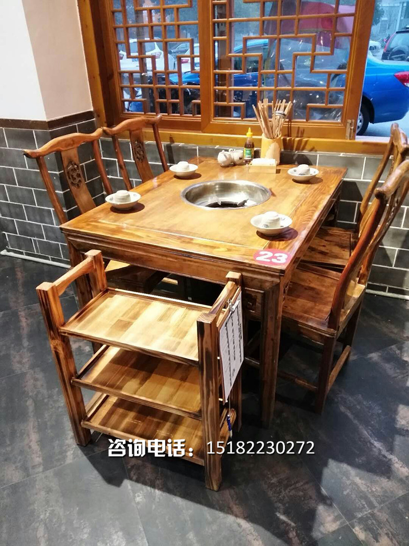 Custom string incense table and chair Round table Solid wood hot pot table Antique carved hot pot table and chair