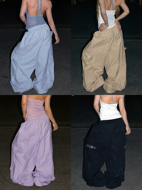 Hxien Original Colorful Rhinestone Shiny Silver Ultra-Shiny Ultra-Thin Cargo Pants Jazz Multi-Pocket Drawstring Wide-Leg Pants Long Pants
