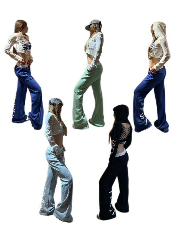 Hxien Original Color-Blocked Waistband American-Style Flared Sweatpants with Printed Cuffs, Low-Waist Jazz Sports Flared Pants Hxien Original Color-Blocked Waistband American-Style Flared Sweatpants with Printed Cuffs, Low-Waist Jazz Sports Flared Pants