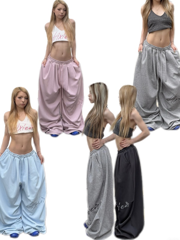 Hxien Original Bubble Bead Waistband Embroidered Ultra-Thin Cool-Feeling Sports Pants Jazz Multi-Pocket Drawstring Water-Style Sweatpants