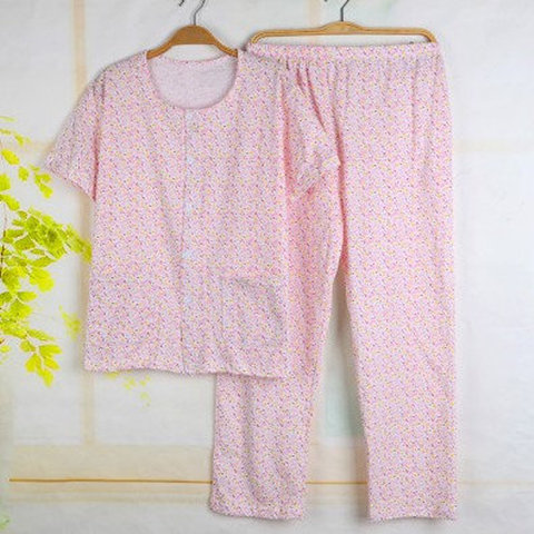 Middle-aged and elderly pure cotton women's short-sleeved cardigan buttoned pajamas pajamas home service loose thin cotton cardigan loose suit