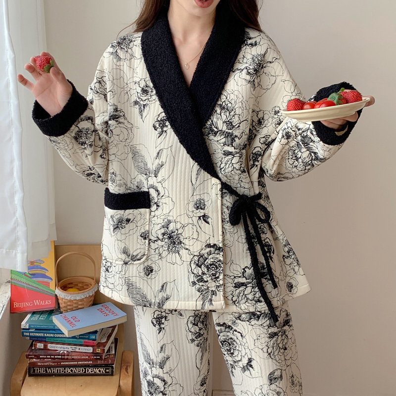 Autumn and Winter Air Cotton Maternity Pajamas, Pure Cotton Thickened Maternity Sleepwear, Plus Size 100kg Kimono Nursing Two-Piece Set