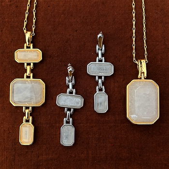 Star's same style square gemstone necklace, earrings and ring set, niche light luxury, high-end, fashionable and versatile for women