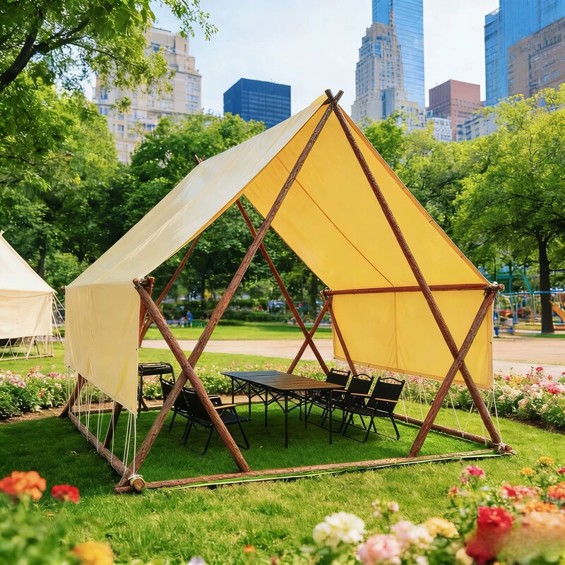 Outdoor Camping Canopy Tent with Solid Cedar Wood Frame, Sunshade, Sun Protection, Rainproof, Suitable for Scenic Areas, Triangular House Terrace