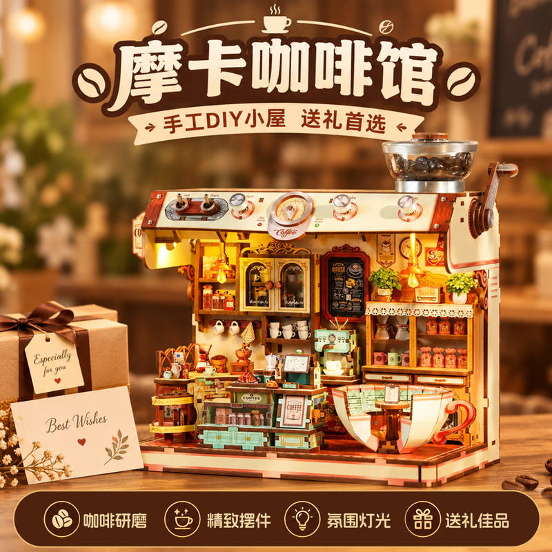 Handmade DIY Miniature Mocha Cafe Assembly Model, Miniature Scene Dollhouse Building Blocks, Birthday Gift for Women Handmade DIY Miniature Mocha Cafe Assembly Model, Miniature Scene Dollhouse Building Blocks, Birthday Gift for Women