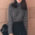 Mùa thu và mùa đông Phiên bản Hàn Quốc của phong cách BF Harajuku cộng với áo thun nhung dài tay nữ sinh viên hoang dã cổ cao sọc đan đan đáy áo phông trắng Áo phông