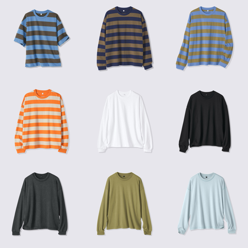 Japanese Gu Premium Men's Striped Patchwork Color-Block Short-Sleeve T-Shirt 361580 Pure Cotton Wide-Shoulder T-Shirt Long-Sleeve 361574