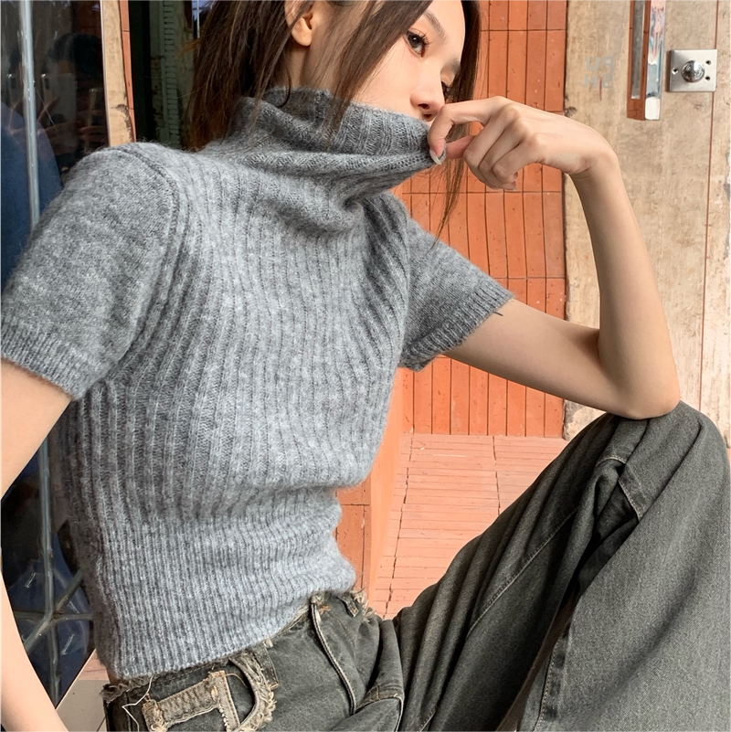 Gray Turtleneck Slim-Fit Thin Short-Sleeve Knit Sweater for Women, Early Spring Inner Layer, Niche Short Style Slimming Top
