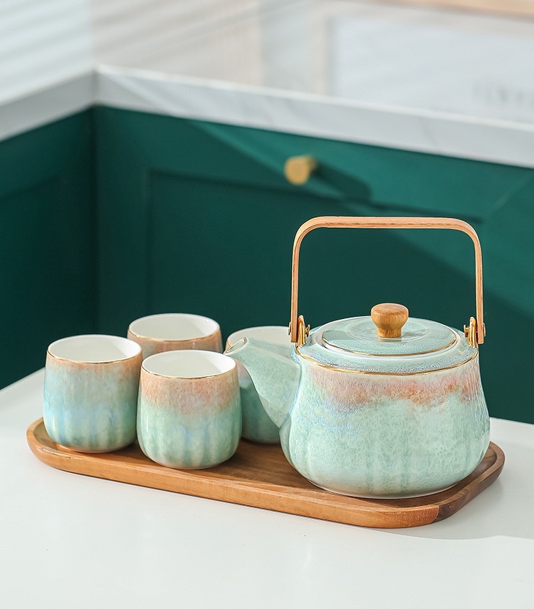 Su Su Xun and Kin glaze household tea set with a pot of four cups with tray ceramic tea set new wedding gift