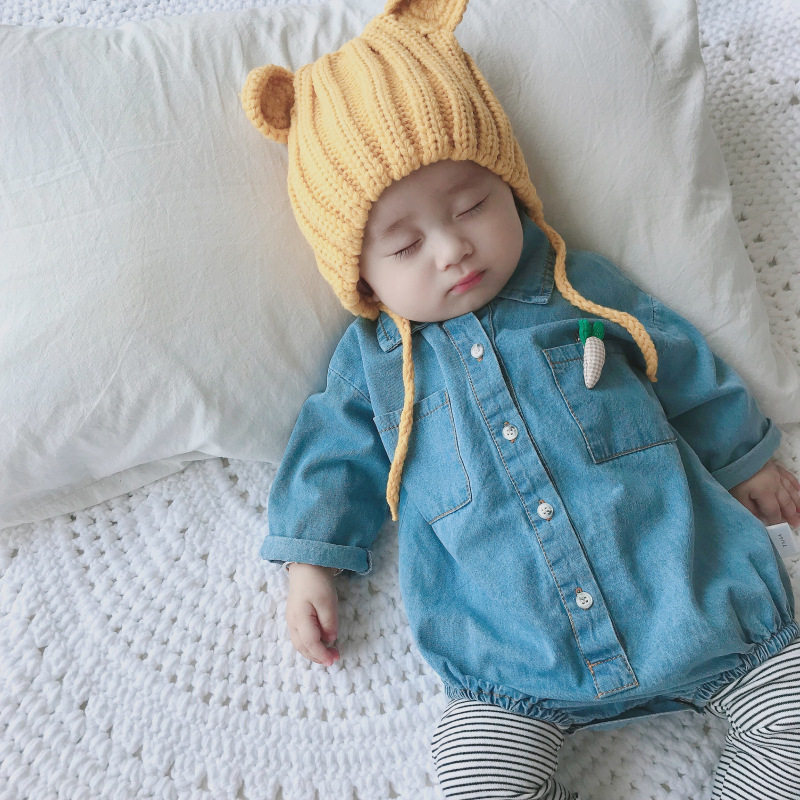 Korean baby spring cotton conjoined clothes hundred days old baby long sleeve cowboy and baby baby packed shirt crawling clothes