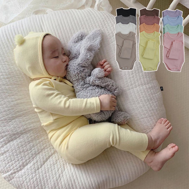 Korean newborn baby cotton clothes baby long-sleeved solid color bag fart romper belly protection high waist underwear set