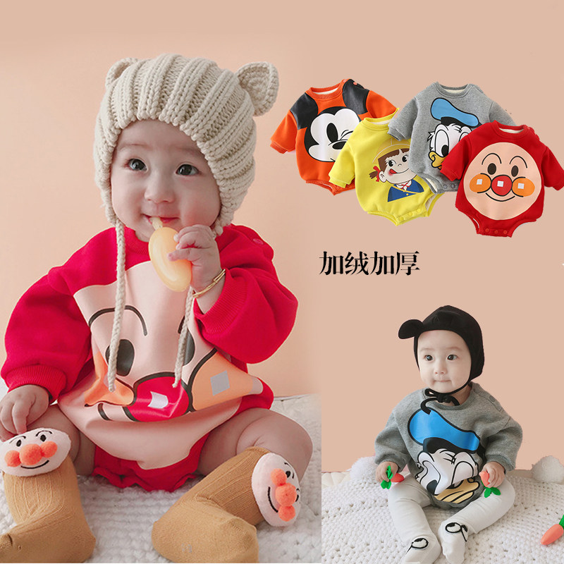 INS autumn and winter baby clothes year old male and female baby long sleeve red cartoon plus velvet one-piece clothes