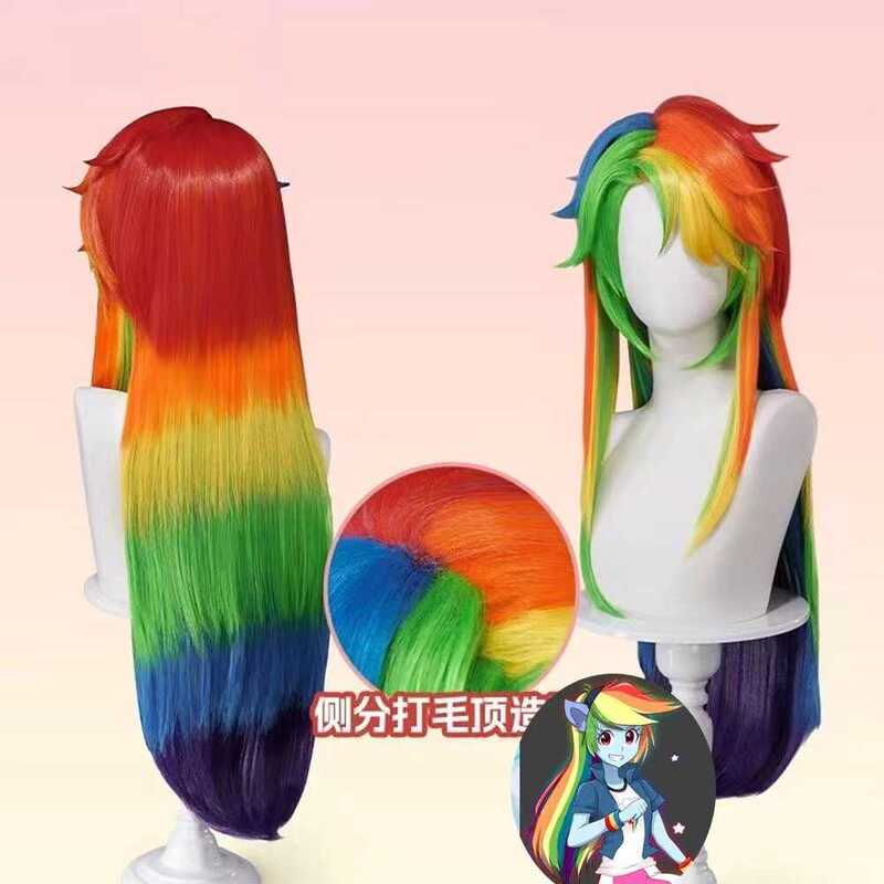 Rainbow Dash Wig Cosplay Anime My Little Pony Rainbow-Colored Ponytail Full Head Wig Realistic Harajuku Style