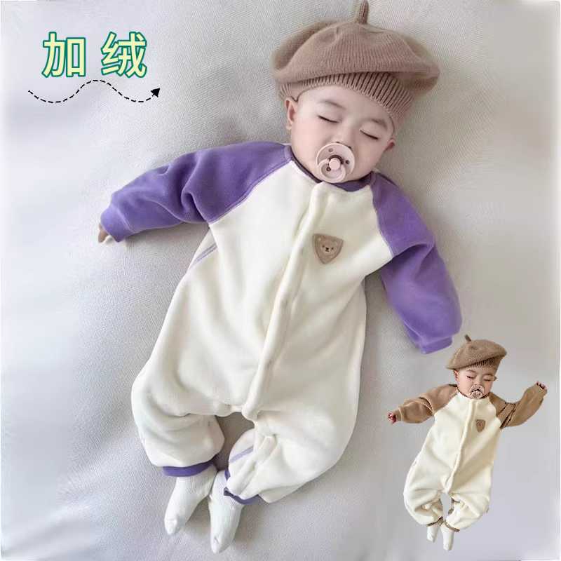 Baby clothes autumn winter plus suede male and female baby integrated suede warm Ograin suede without bone one-piece clothes in thick infant-Taobao