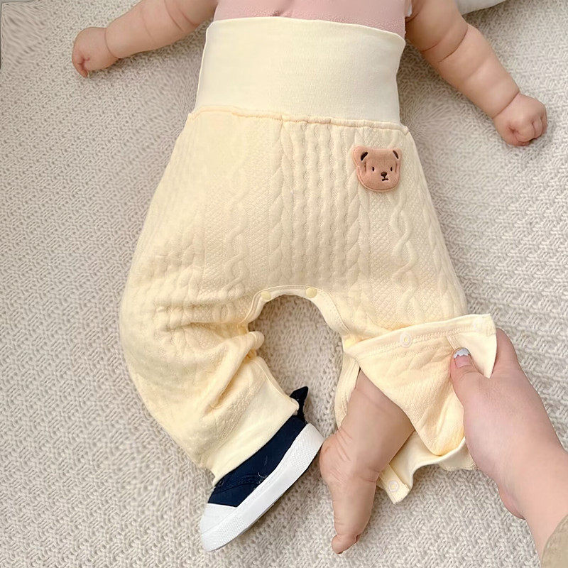 Newborn baby by buckle pants open crotch warm clip cotton large pp high waist thin cotton protective belly pants dark buckle changing diaper-Taobao