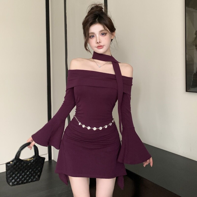 2026 Autumn Pure Desire Style Off-Shoulder Flared Sleeve Dress Korean Version Ruched Ribbon Slim Fit Long Sleeve Bodycon Dress 2026 Autumn Pure Desire Style Off-Shoulder Flared Sleeve Dress Korean Version Ruched Ribbon Slim Fit Long Sleeve Bodycon Dress