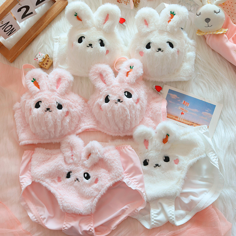 Yuesu Moon Rabbit ~ Girl's Plush Underwear Rabbit Bear Japanese Style Cute Wireless Push-Up Bra Set Warm