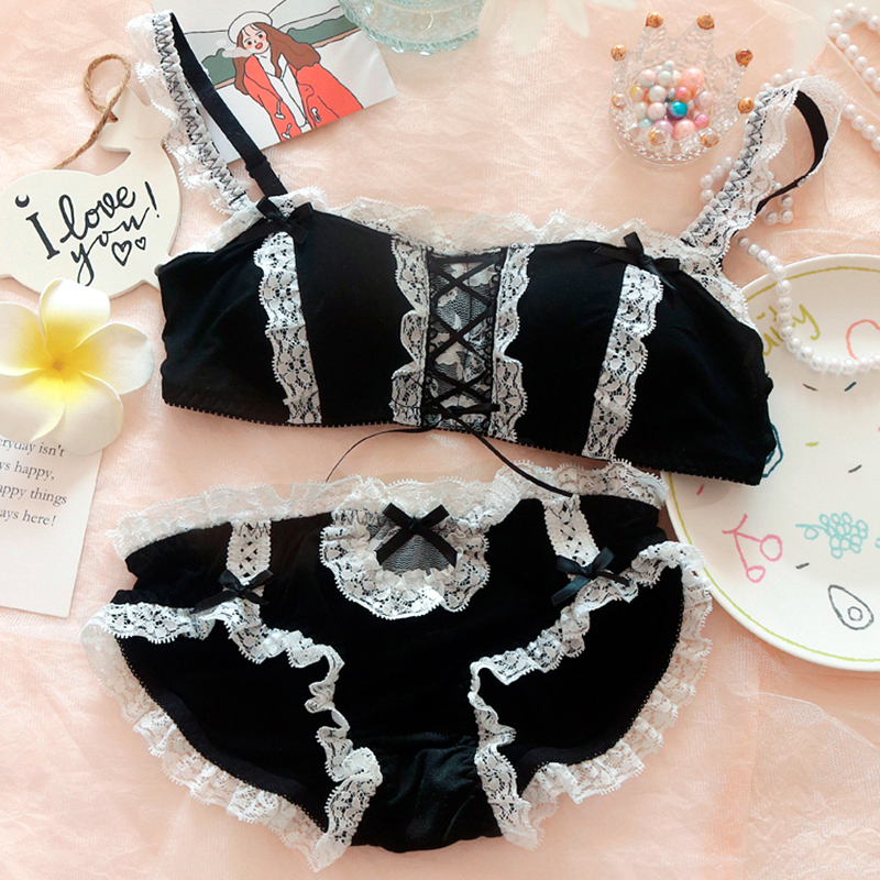 Yusou Lolita Soft Girl Dark Maid Style Sexy Cute Small Chest Wireless Japanese Girl Bra Set Yusou Lolita Soft Girl Dark Maid Style Sexy Cute Small Chest Wireless Japanese Girl Bra Set