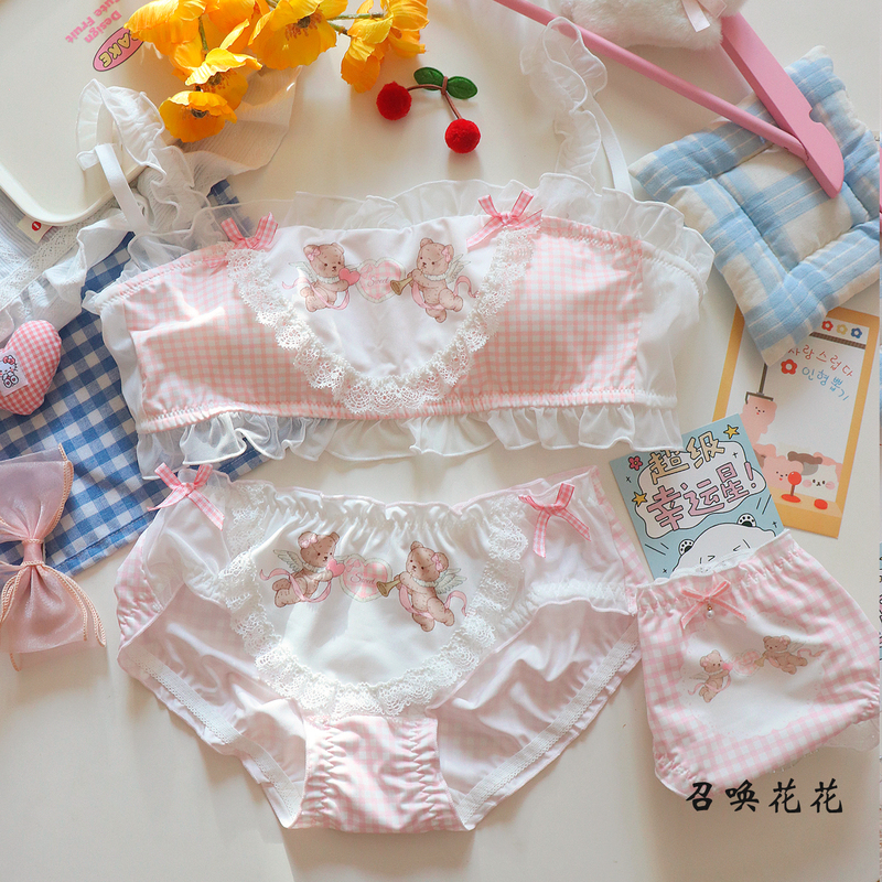 Yusou Angel Bear~ Japanese-Style Soft and Cute Cartoon Print Bra Set for Women, Pure and Sweet, Wireless Underwear for Summer
