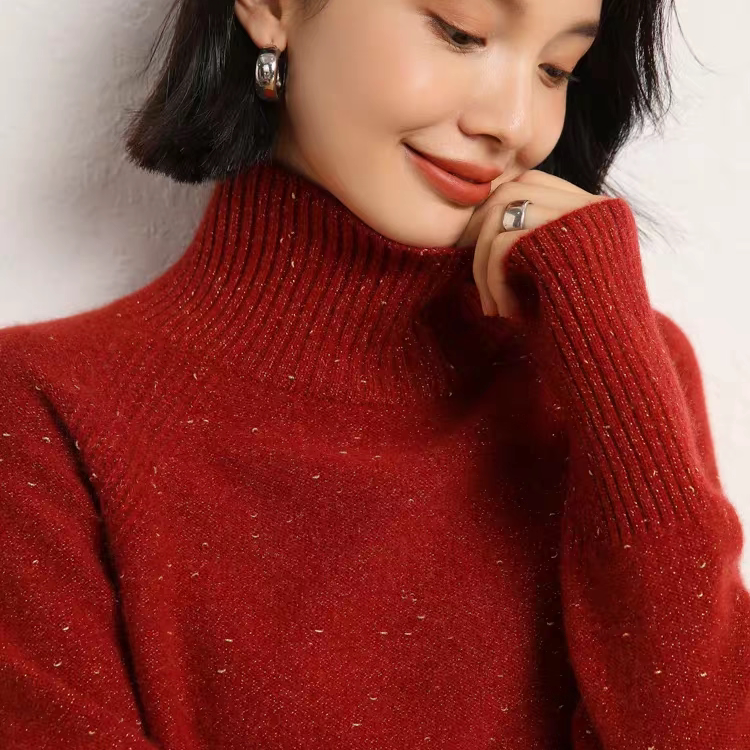New Year's Red High-Neck Shiny Cashmere Knit Sweater for Women, Thickened and Warm, Lazy Style New Year's Red High-Neck Shiny Cashmere Knit Sweater for Women, Thickened and Warm, Lazy Style