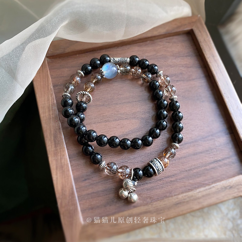 Original Obsidian Black Gold Super Seven Bracelet for Women, Good Luck Koi, Pure Silver Bell, Light Luxury Niche, Birth Year Career Bracelet