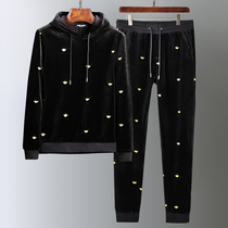 High-end embroidered gold velvet hooded set fashion couples mens and womens thick sports sweater casual two-piece set