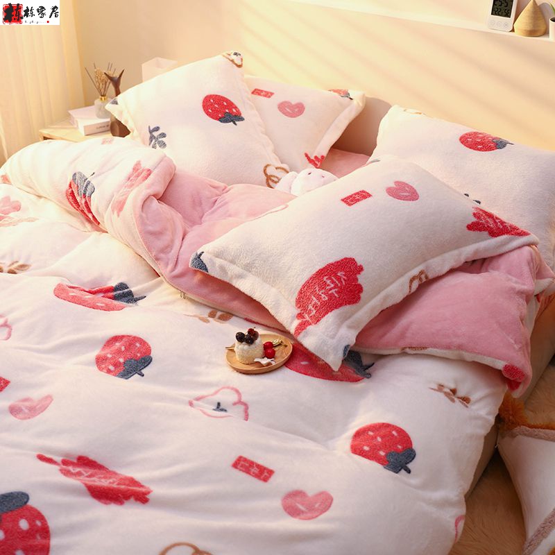 Double-sided plus velvet four-piece coral velvet autumn and winter bedding milk velvet sheets quilt cover Falley flannel three-piece set