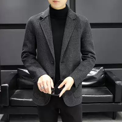 Fugui bird double-sided wool coat men's short Korean trend autumn and winter high-end thousand bird grid suit jacket