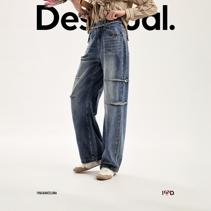 Desigual26 New Autumn and Winter Products Loose-Fitting Raw Edge Patchwork Long Curved Women's Jeans