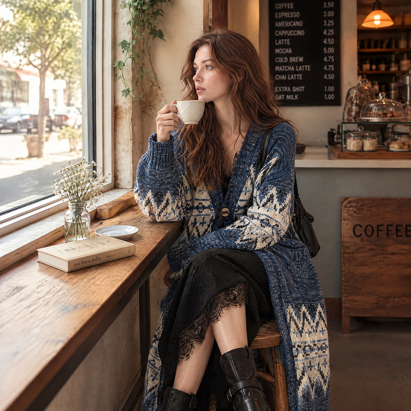 Desigual26 Autumn and Winter New Product Navy Blue Fair Isle Wave Jacquard Long V Neck Sheep Wool Knitted Cardigan