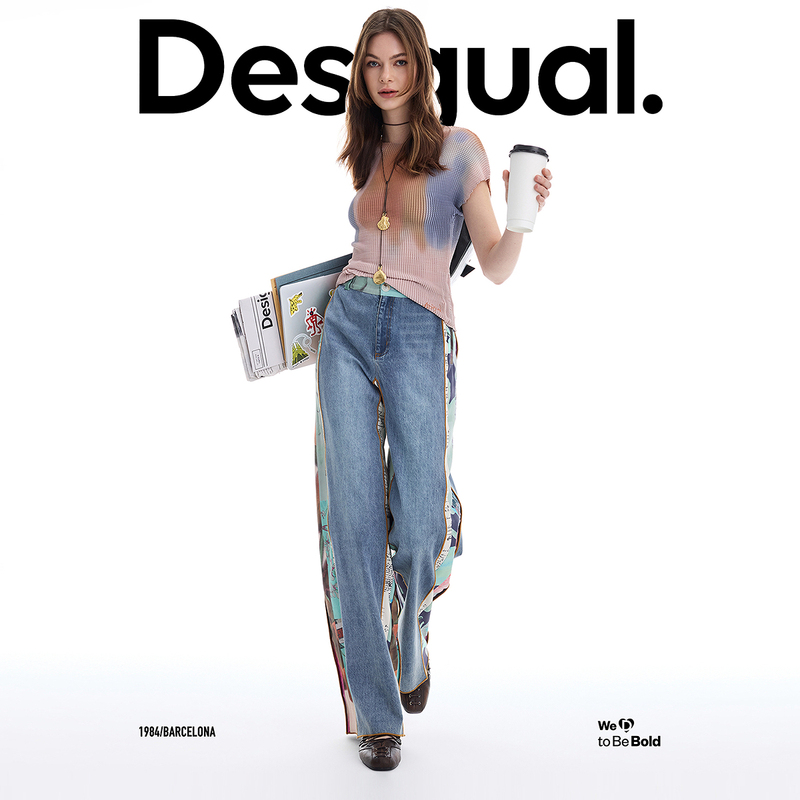 Desigual26 Spring and Summer New Product Abstract Print Splicing Straight-Leg Women's Blue Denim Pants Desigual26 Spring and Summer New Product Abstract Print Splicing Straight-Leg Women's Blue Denim Pants