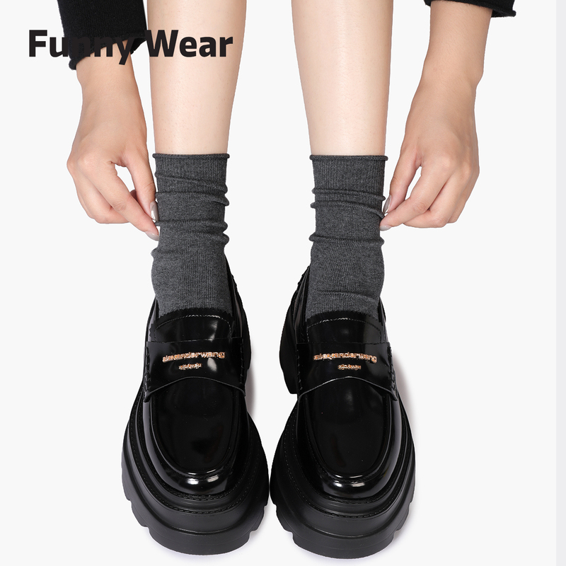 Gray Socks for Women, Spring and Autumn Slouch Socks, Solid Color Mid-Calf Socks, Paired with Loafers, Cotton Socks, Long Socks