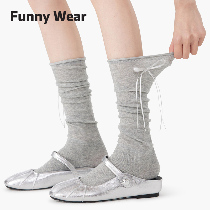 Gray Slouch Socks for Women, Summer Thin Style with Bow, Ballet Style Calf Socks, Seamless Mid-Calf Cotton Socks to Match Mary Jane Shoes Gray Slouch Socks for Women, Summer Thin Style with Bow, Ballet Style Calf Socks, Seamless Mid-Calf Cotton Socks to Match Mary Jane Shoes