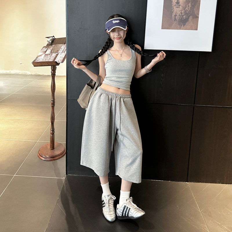 Women's Casual Cropped Sweatpants, Spring/Summer Vintage Elastic High-Waisted Loose Drawstring Sports Wide-Leg Shorts