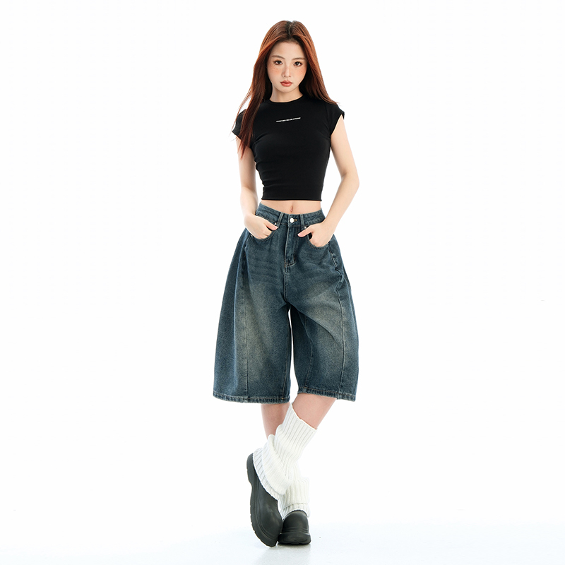 Wide-Leg Five-Point Denim Shorts for Women, New Summer Vintage Shorts, Loose Straight High-Waisted Slimming Relaxed Mid-Length Pants