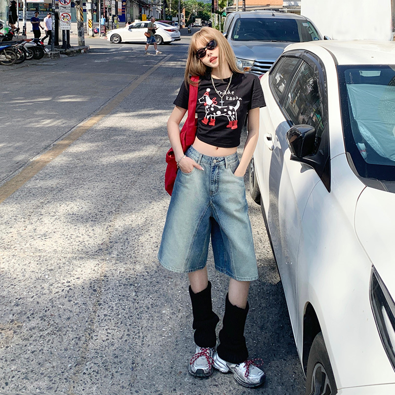 Loose Denim Shorts for Women, Spring and Summer New Style, American Retro High-Waisted Gradient Color Straight Shorts, Wide-Leg Mid-Length Pants