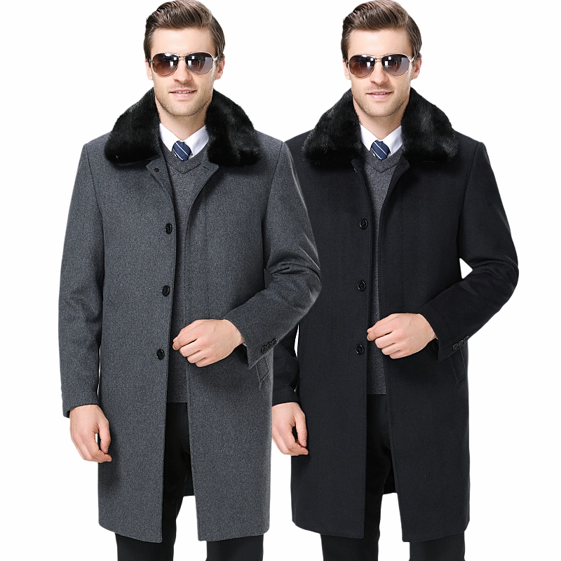 Áo khoác len cashmere nam trung niên Sage Wolf dài qua gối của bố mặc cùng với áo khoác len nam trung niên và cao tuổi béo - Áo len