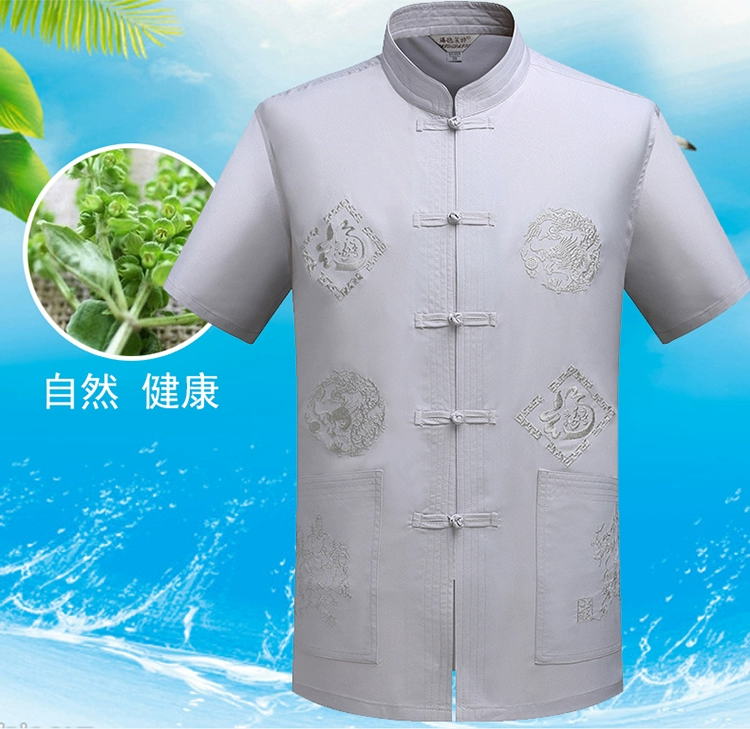 Đàn ông trung niên Tang phù hợp với cổ tay ngắn mùa hè cha Hanfu quốc phục trung niên phong cách Trung Quốc khóa Trung Quốc phong cách Trung Quốc