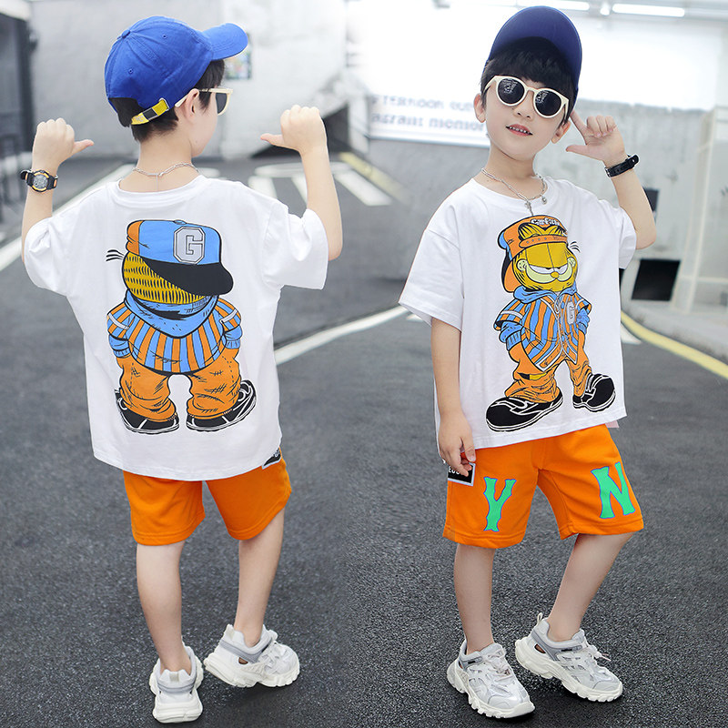 Children's clothing boys summer models 2021 new cartoon suits Western style short-sleeved shorts sports two-piece suit loose T-shirt tide