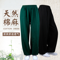 Tai chi pants mens cotton and hemp spring and summer martial arts morning exercise loose linen cotton middle-aged and elderly national style bloomers practice pants womens autumn