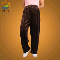 Autumn and winter thickened warm tai Chi pants female gold silk Korean velvet loose middle-aged martial arts Taijiquan practice pants male