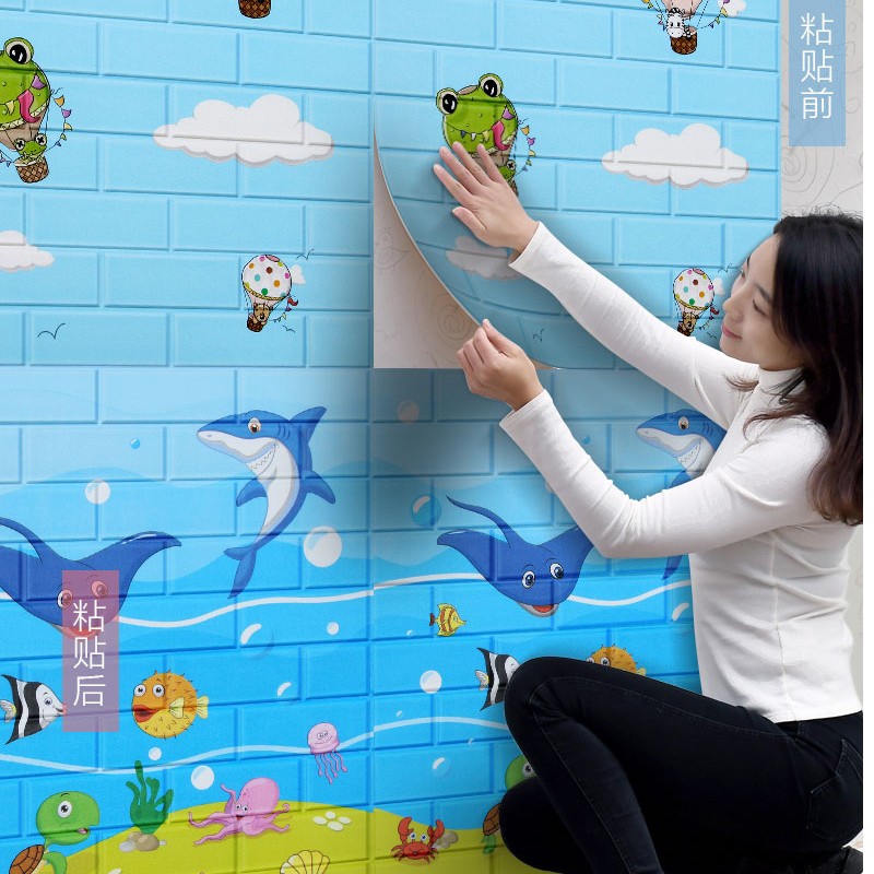 Self-adhesive waterproof 3d stereoscopic wall sticker Children's room Cartoon Kindergarten Wall dress Anti-crash soft bag Bedroom Background Wall decoration