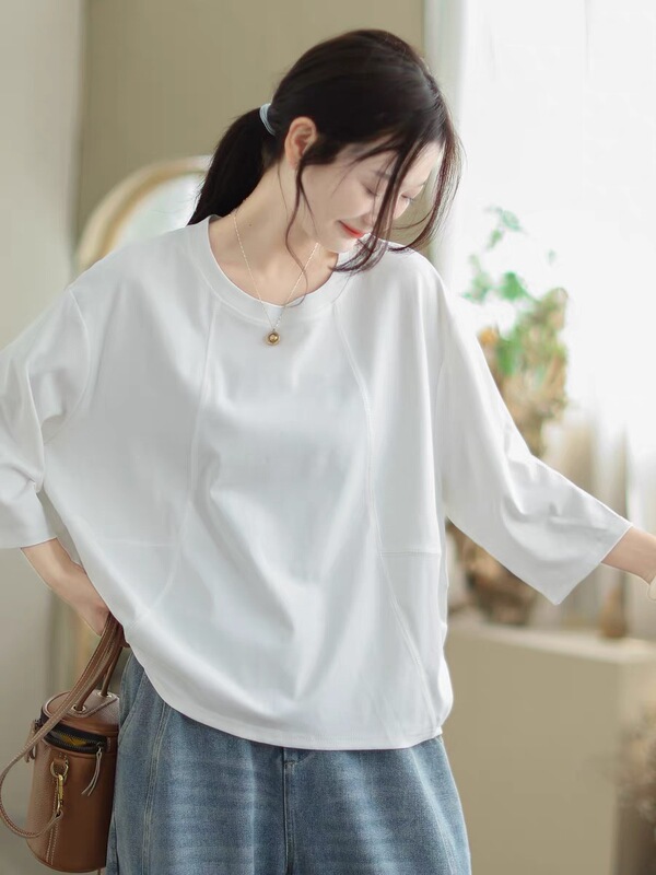 62045 Artistic Special Patchwork Linen Wide-Fit Three-Quarter Sleeve T-Shirt! Finally Got It! Must Buy! B17