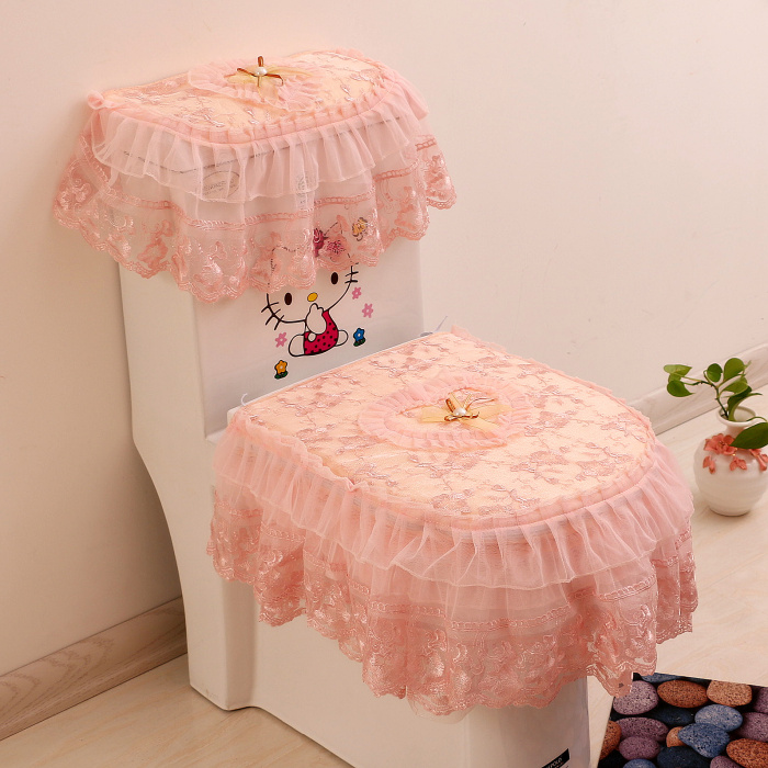 Three pieces of embroidery flower seat with locker lace lace toilet cover