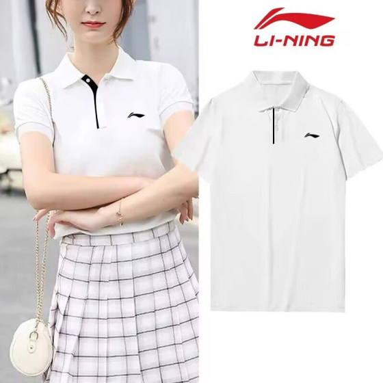 Li Ning POLO 셔츠 여성용 반팔 티셔츠 2023 여름 새 스타일 순수 코튼 얇은 느슨한 캐주얼 속건 탑 여성용